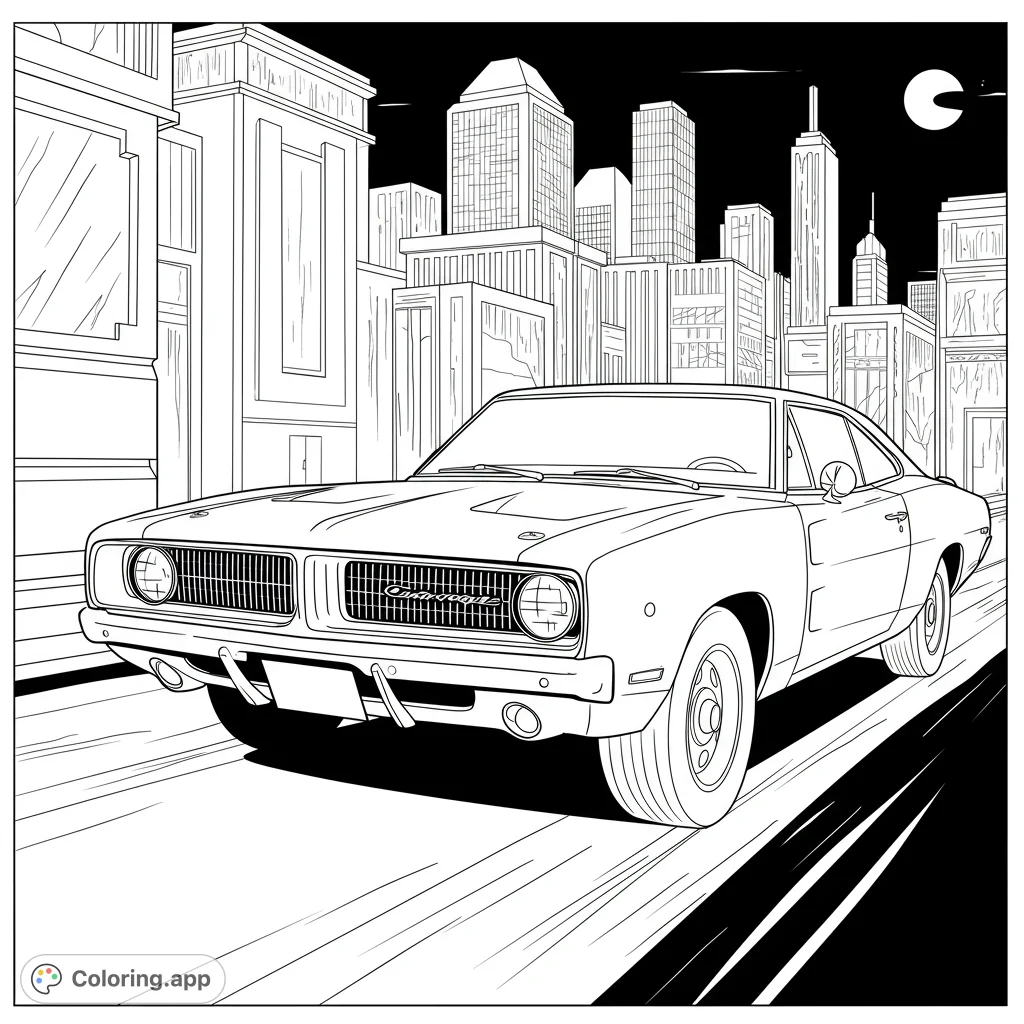 A powerful classic muscle car cruises through a detailed urban cityscape at night under a crescent moon. Perfect for car enthusiasts and city lovers.