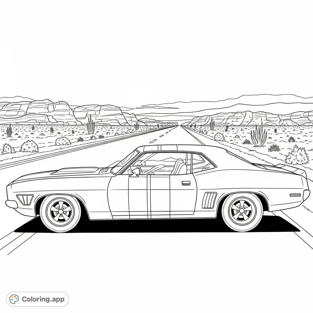 Color a powerful classic muscle car with racing stripes, parked beside a vast desert highway under a wide-open sky. Perfect for car enthusiasts.