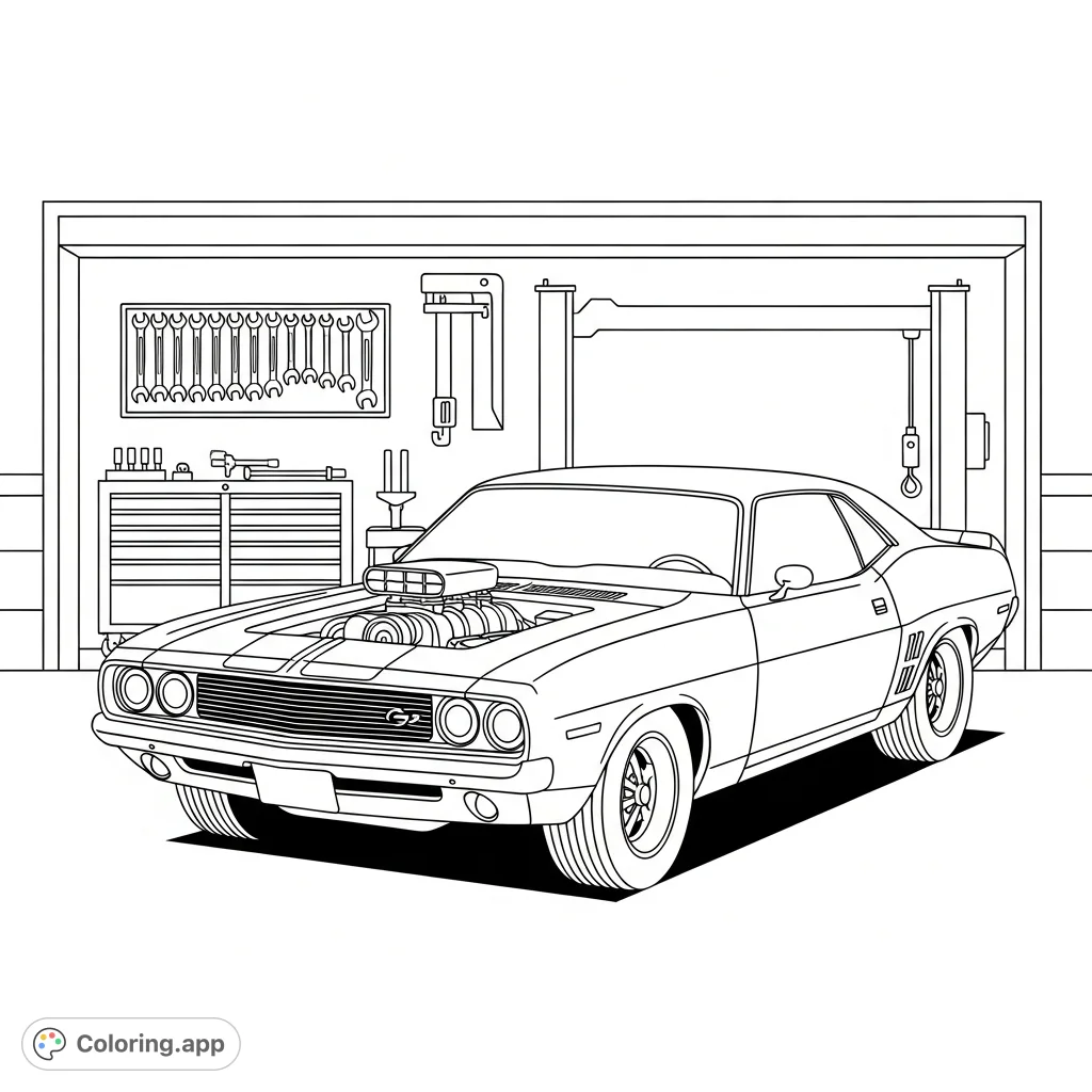 Color a powerful muscle car parked in a detailed garage bay, surrounded by simplified mechanic's tools. Perfect for vehicle enthusiasts!