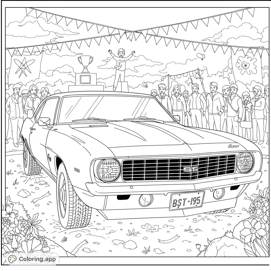 A triumphant classic muscle car scene with a child champion, trophy, and cheering crowd. Perfect for car enthusiasts!