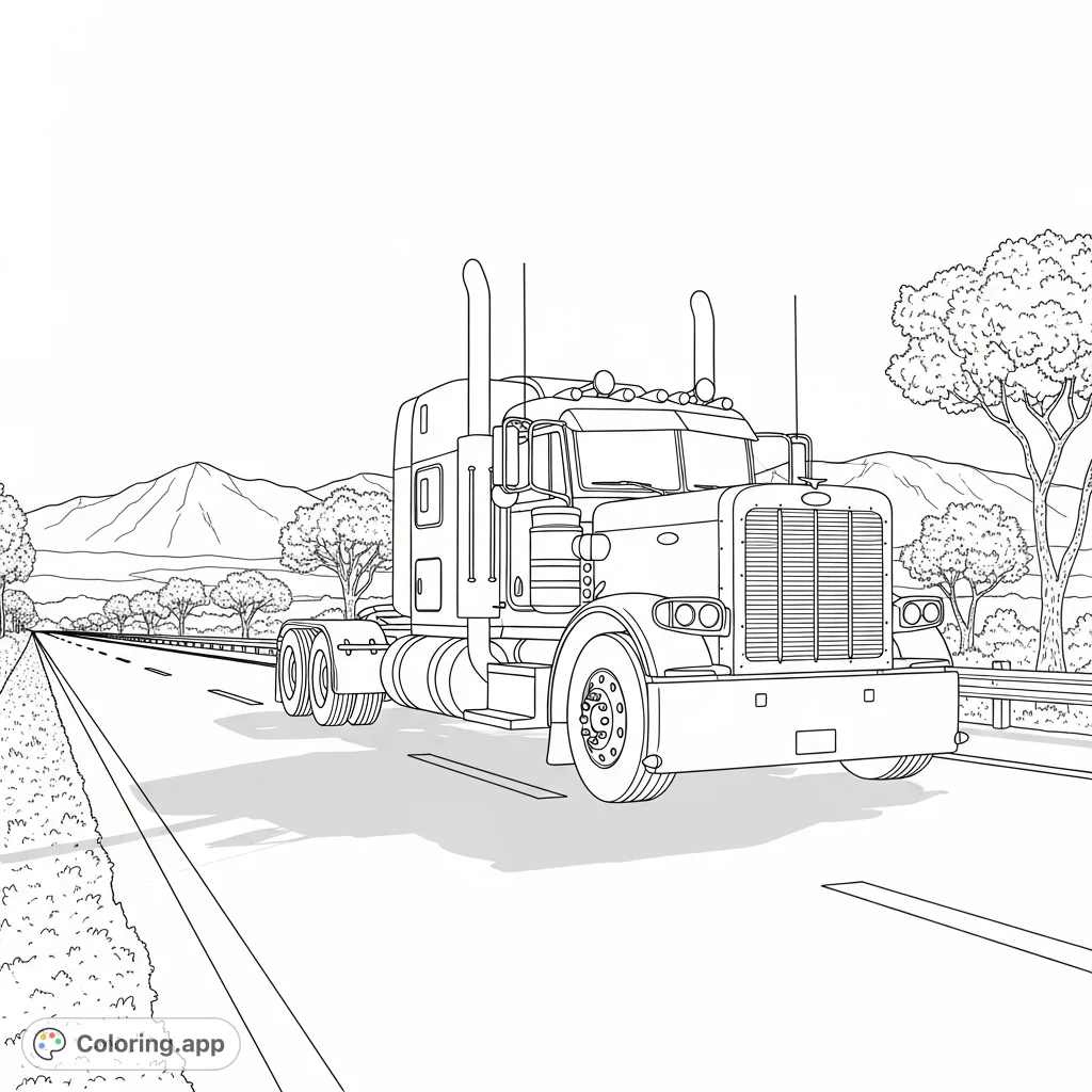 Color a powerful Peterbilt long-nose truck on a wide highway with distant mountains and trees. Features gleaming chrome and intricate details for enthusiasts.
