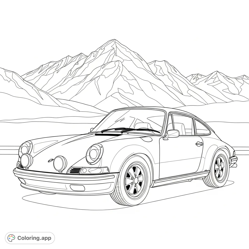 A classic Porsche 911, featuring its iconic round headlights and sleek form, parked serenely near a majestic mountain overlook. A perfect blend of classic car design and scenic beauty.