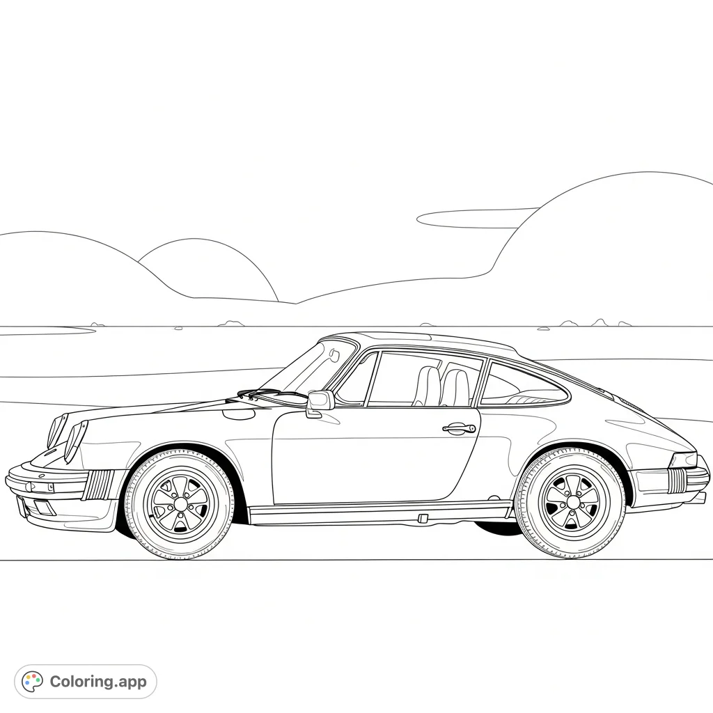 Color a timeless Porsche 911 with its iconic sloping roofline and detailed features. A simple background keeps the focus on the sleek automotive design.