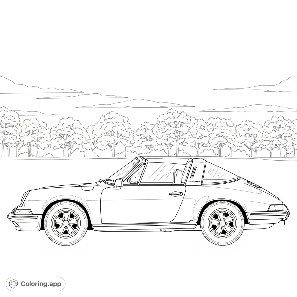 Color a detailed classic Porsche Targa in side profile, featuring its iconic roofline against a backdrop of trees and an open sky. Perfect for car enthusiasts.