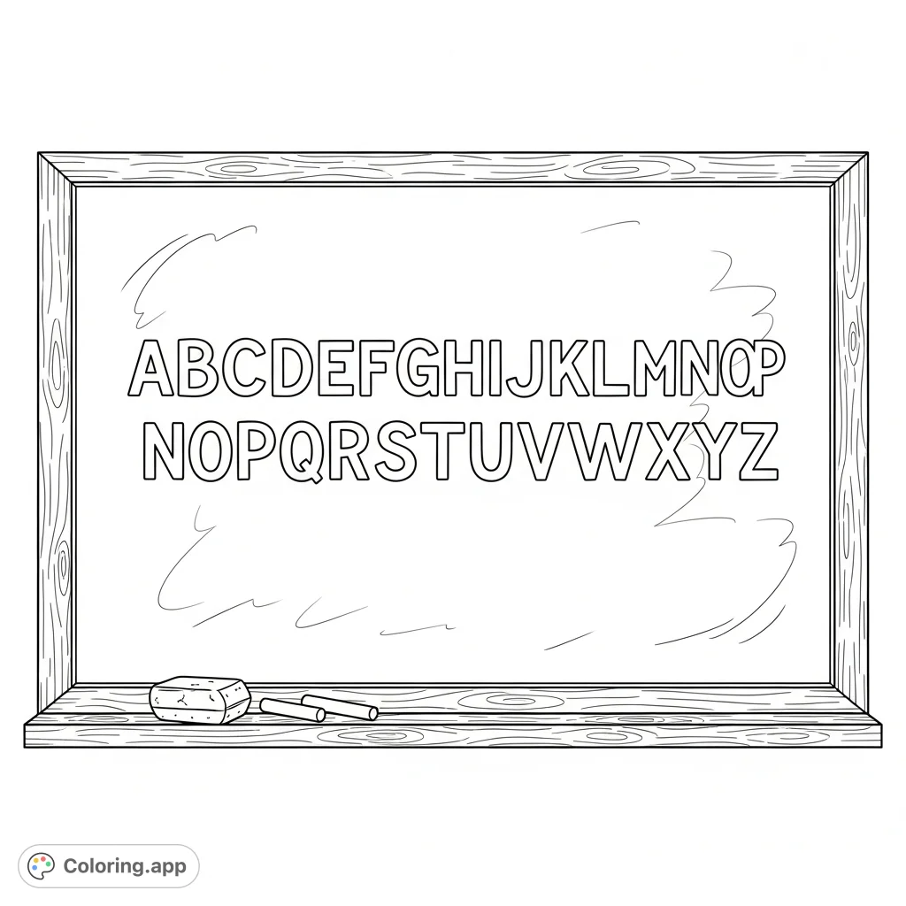 A classic schoolroom blackboard featuring the full alphabet, an eraser, and chalk. Perfect for learning and creative coloring for all ages.