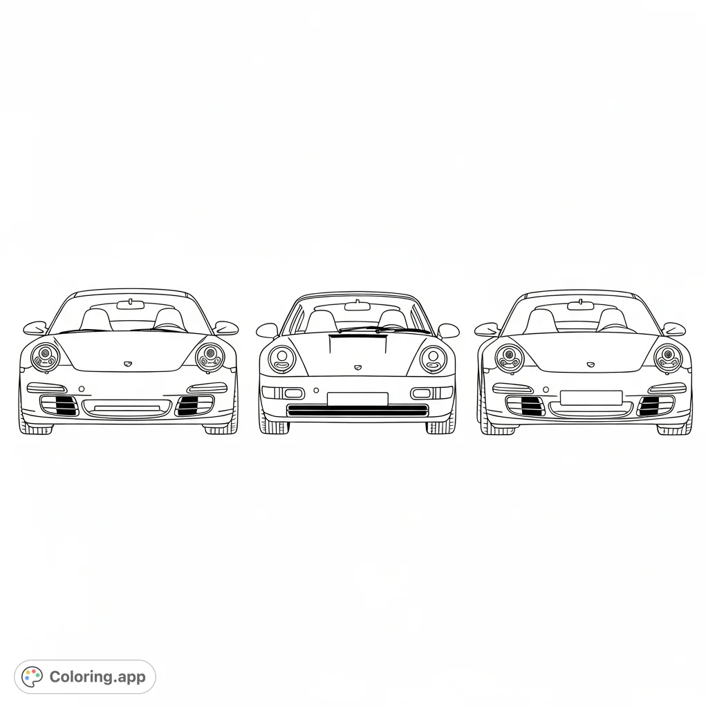 Color a dynamic lineup of three Porsche-inspired sports cars. Focus on sleek lines, headlights, and wheels against a clean, minimal background.