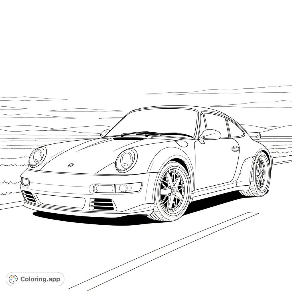 Color a sleek Porsche 911 style sports car in a front three-quarter view, parked on a vast open road with distant hills. Perfect for car enthusiasts!