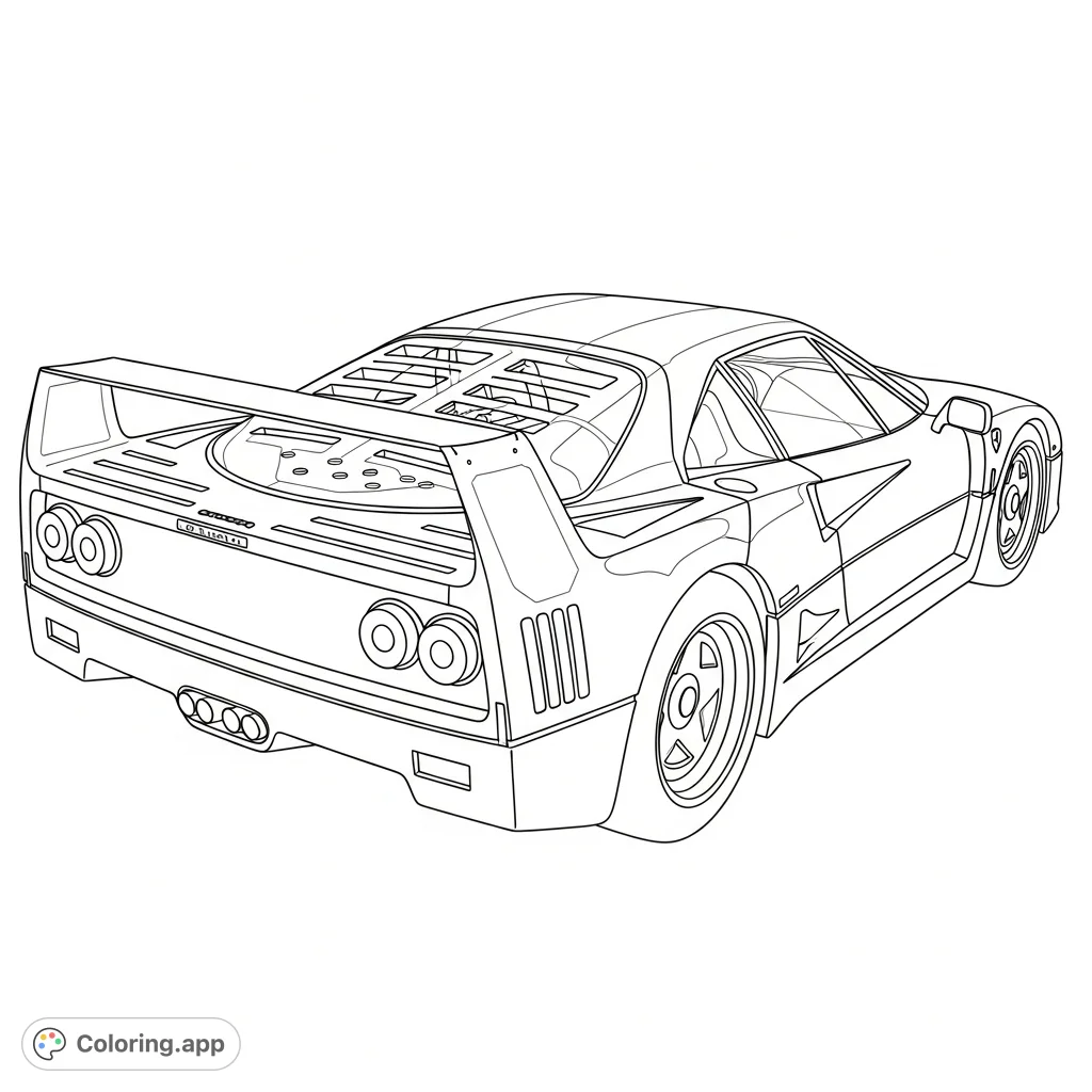 Experience the thrill of a classic F40-style sports car from a dynamic rear view. Detailed lines, a bold rear wing, and simplified reflections await your creative touch.