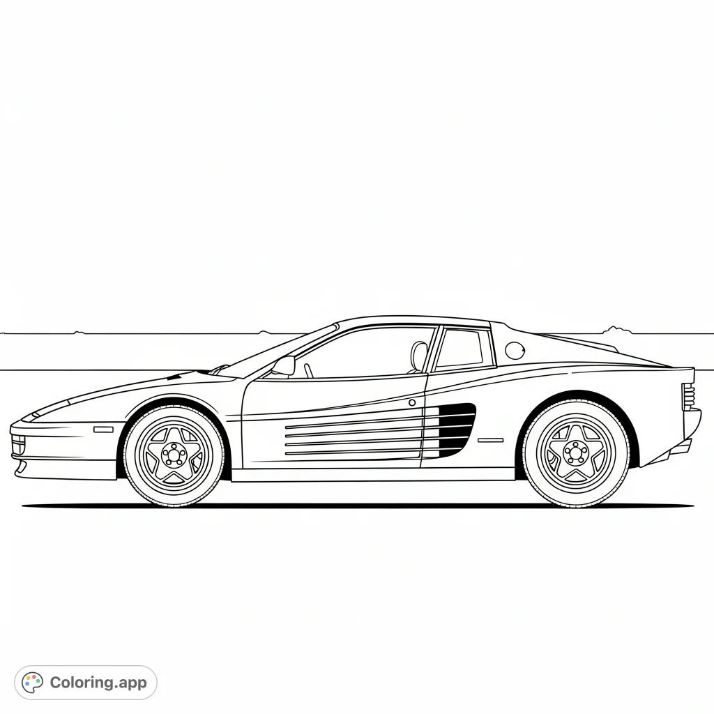 Detailed coloring page featuring a classic sports car, inspired by the iconic Testarossa, with distinctive side strakes and a sleek profile.
