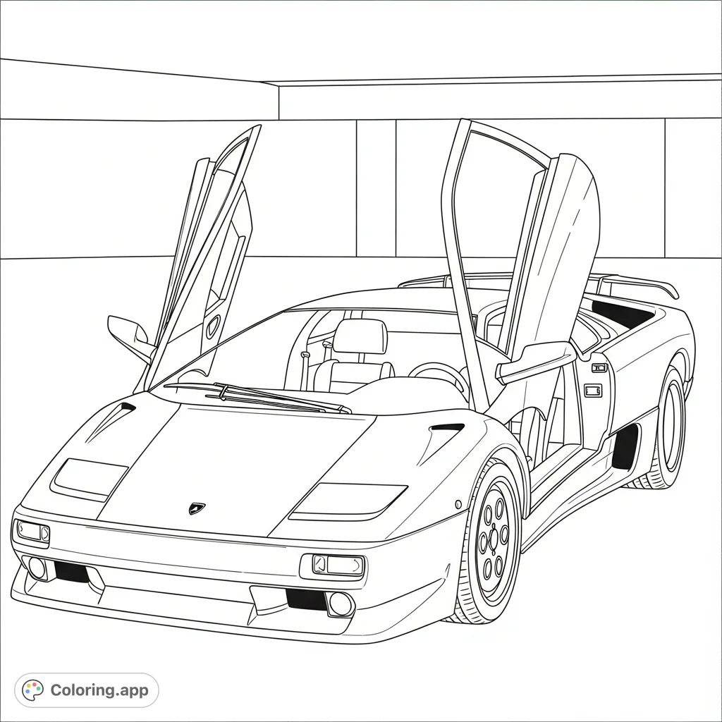 Detailed classic supercar, inspired by the Lamborghini Diablo, featuring iconic open scissor doors and a simplified interior for a fun coloring experience.