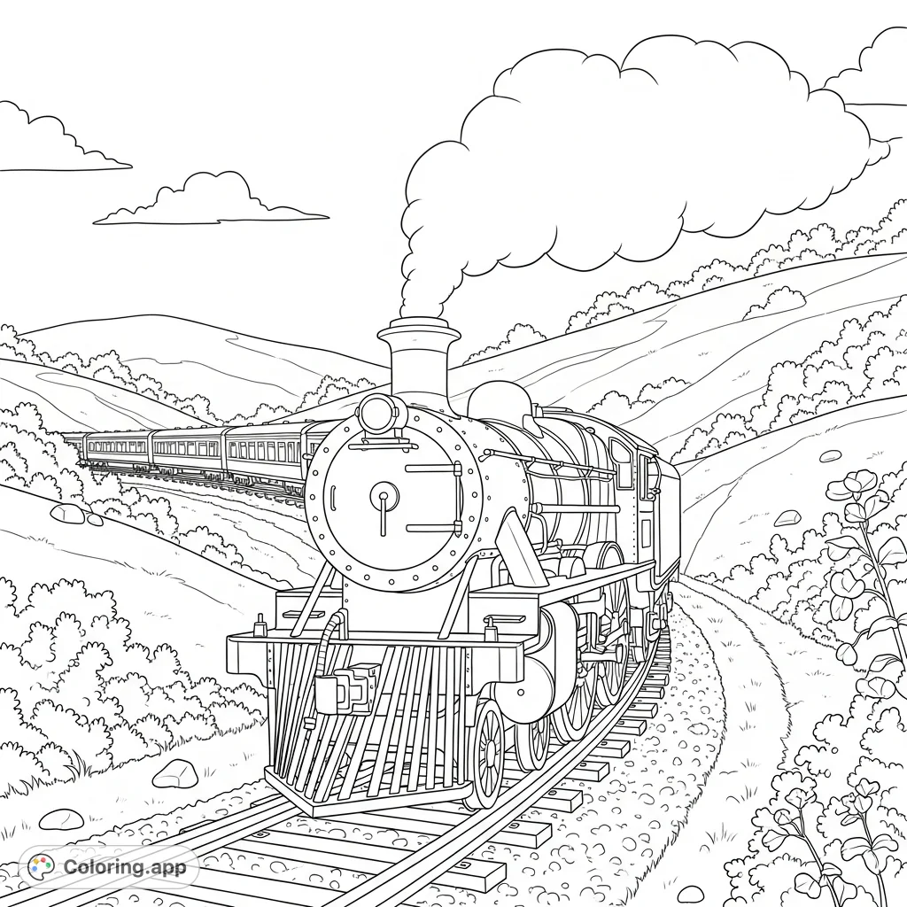 A detailed coloring page featuring a classic steam train winding around a verdant hillside, complete with locomotive, passenger cars, and natural scenery.