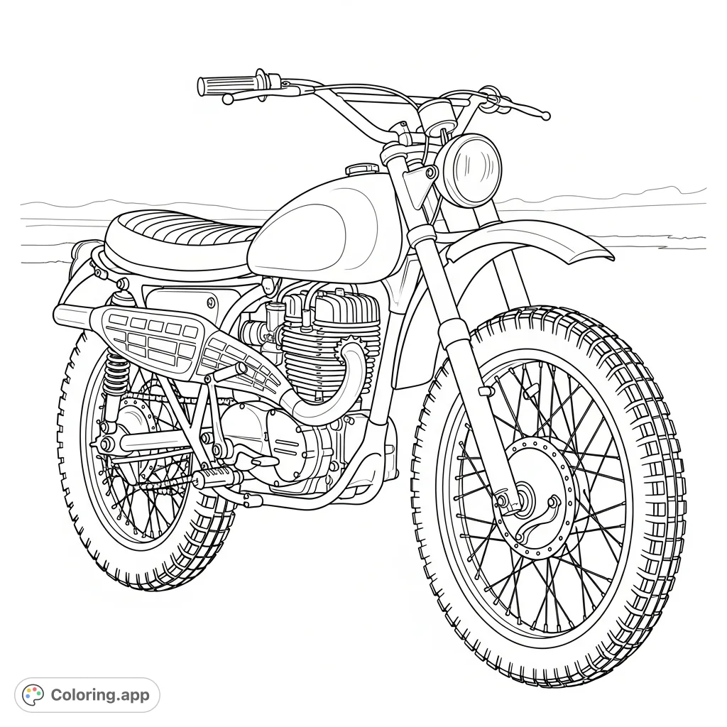 Color a classic vintage dirt bike with a rounded tank, spoked wheels, and knobby tires. A minimal background lets the bike stand out.