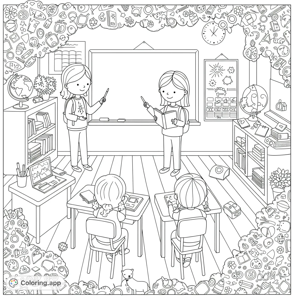 A detailed classroom scene with students, teachers, and school supplies, framed by educational icons. Perfect for a free printable coloring page.