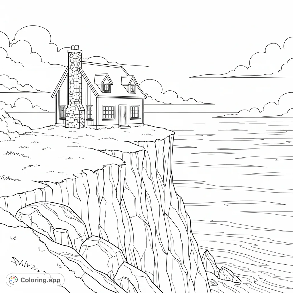 A serene cliffside cottage overlooks a vast ocean with simplified rocky edges and gentle clouds. Perfect for relaxing coloring.