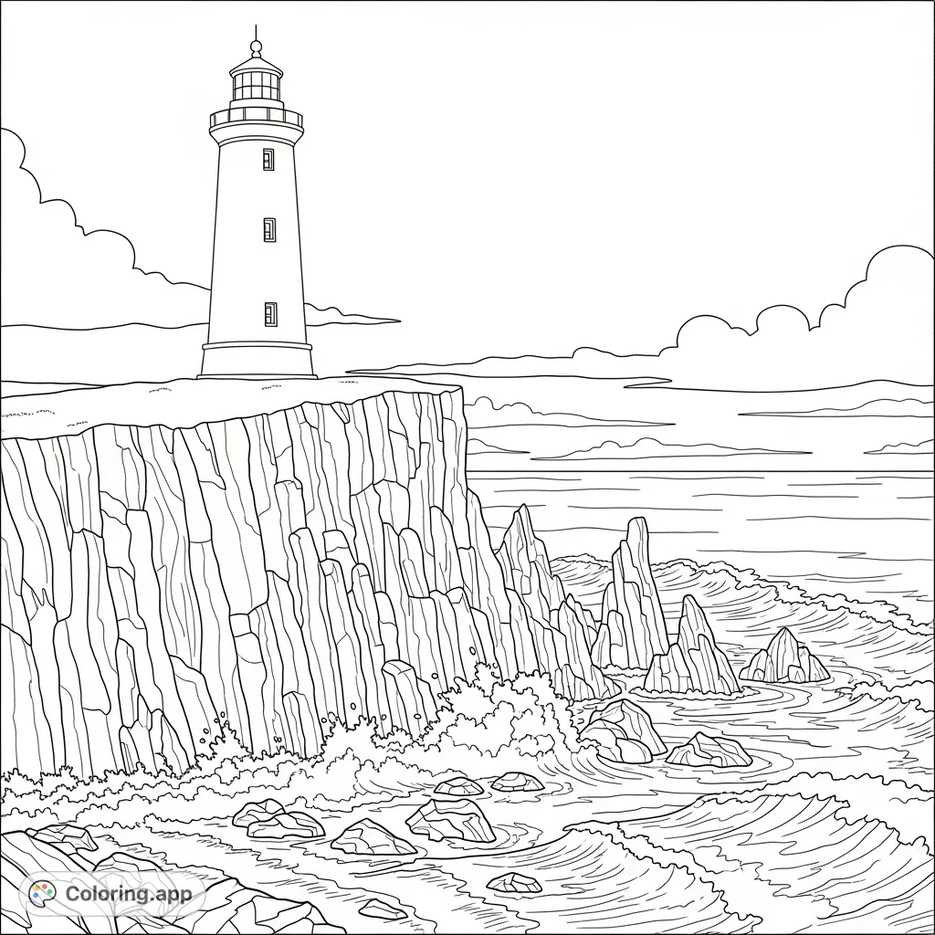 A dramatic cliffside lighthouse overlooks turbulent waves crashing against rugged, layered rock formations. A challenging scene for experienced colorists.