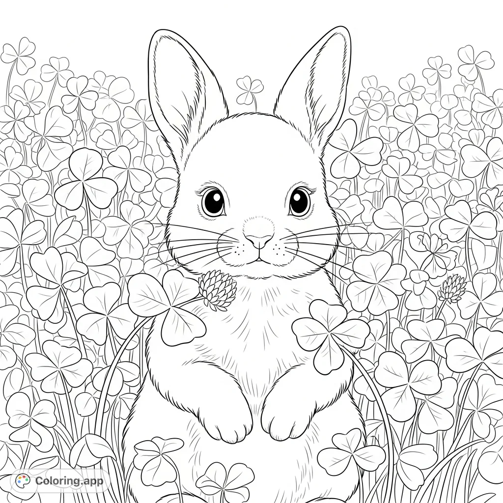 A charming coloring page featuring a fluffy rabbit kitten nestled amidst a dense field of tall clover, with alert ears and gentle, rounded forms.