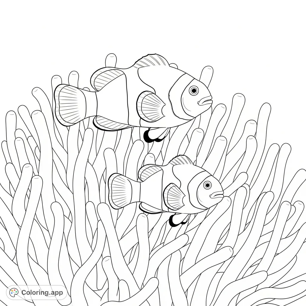 Two cheerful clownfish find a safe home among the waving tentacles of a sea anemone. A delightful underwater scene with flowing shapes for a relaxing coloring experience.