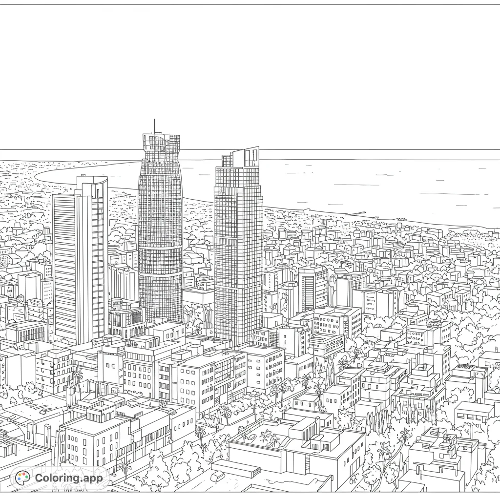 Explore a detailed coastal cityscape coloring page featuring towering skyscrapers, a bustling urban sprawl, and a serene ocean view. Free printable for all ages.