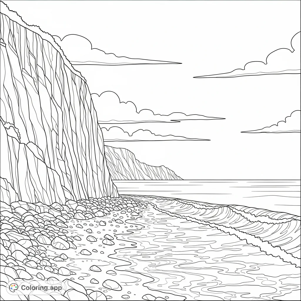 Explore a serene cliffside vista featuring rugged rocks, gentle ocean waves receding on a pebbled beach, and a vast sky overhead for a tranquil coloring experience.