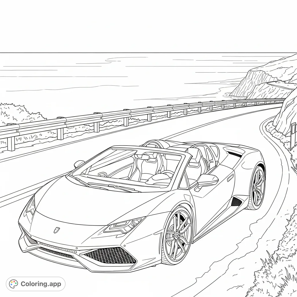 Sleek Huracán Spyder-style convertible on a dramatic coastal cliff road with sweeping ocean views and winding curves. Ideal for car enthusiasts.