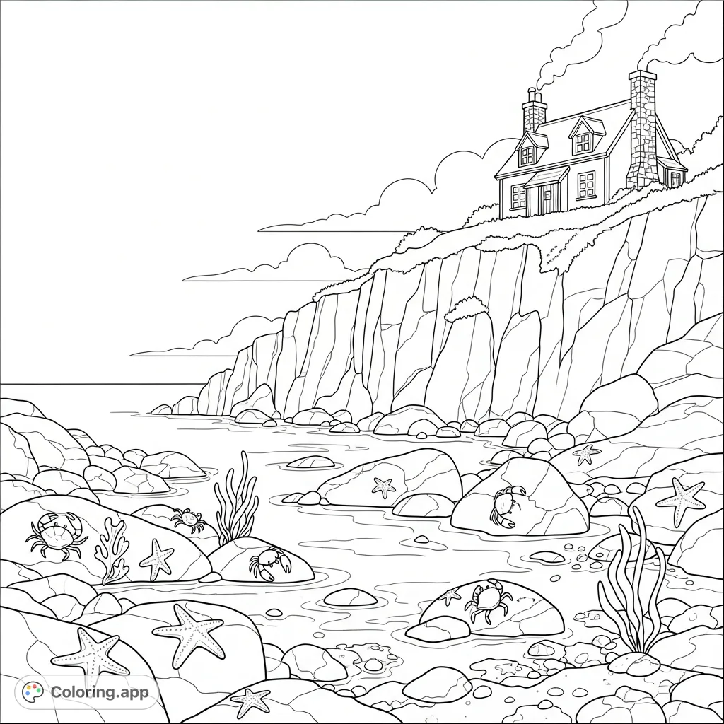 Immerse yourself in a tranquil coastal scene. A charming cottage overlooks a vibrant tidepool filled with marine life, nestled against simplified cliff formations.