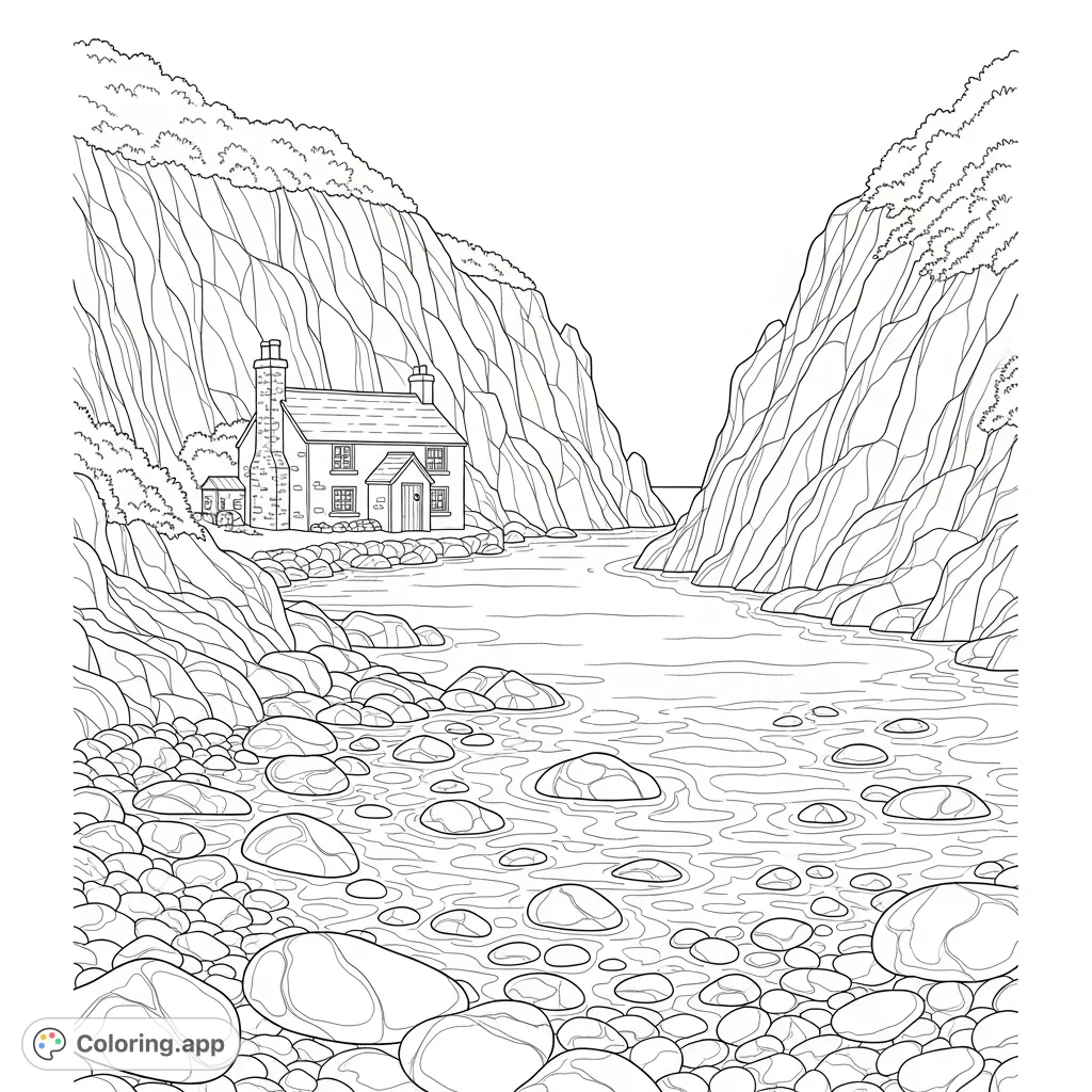 Color a peaceful coastal scene featuring a quaint cottage nestled in a rocky cove, surrounded by dramatic cliffs and a pebble-strewn beach with gentle waves.
