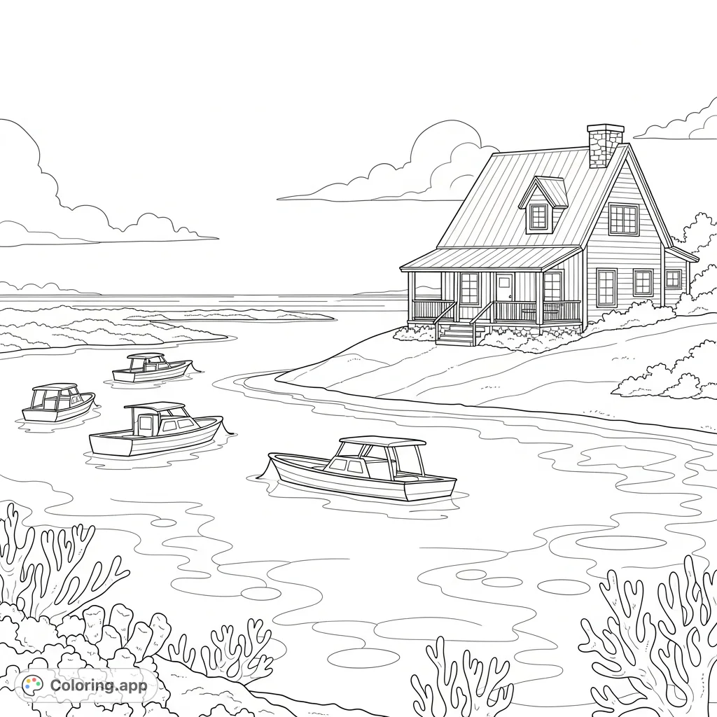 A tranquil coloring page featuring a cozy cottage perched above a peaceful, reef-protected lagoon with simple boat and coral silhouettes. Perfect for relaxation.