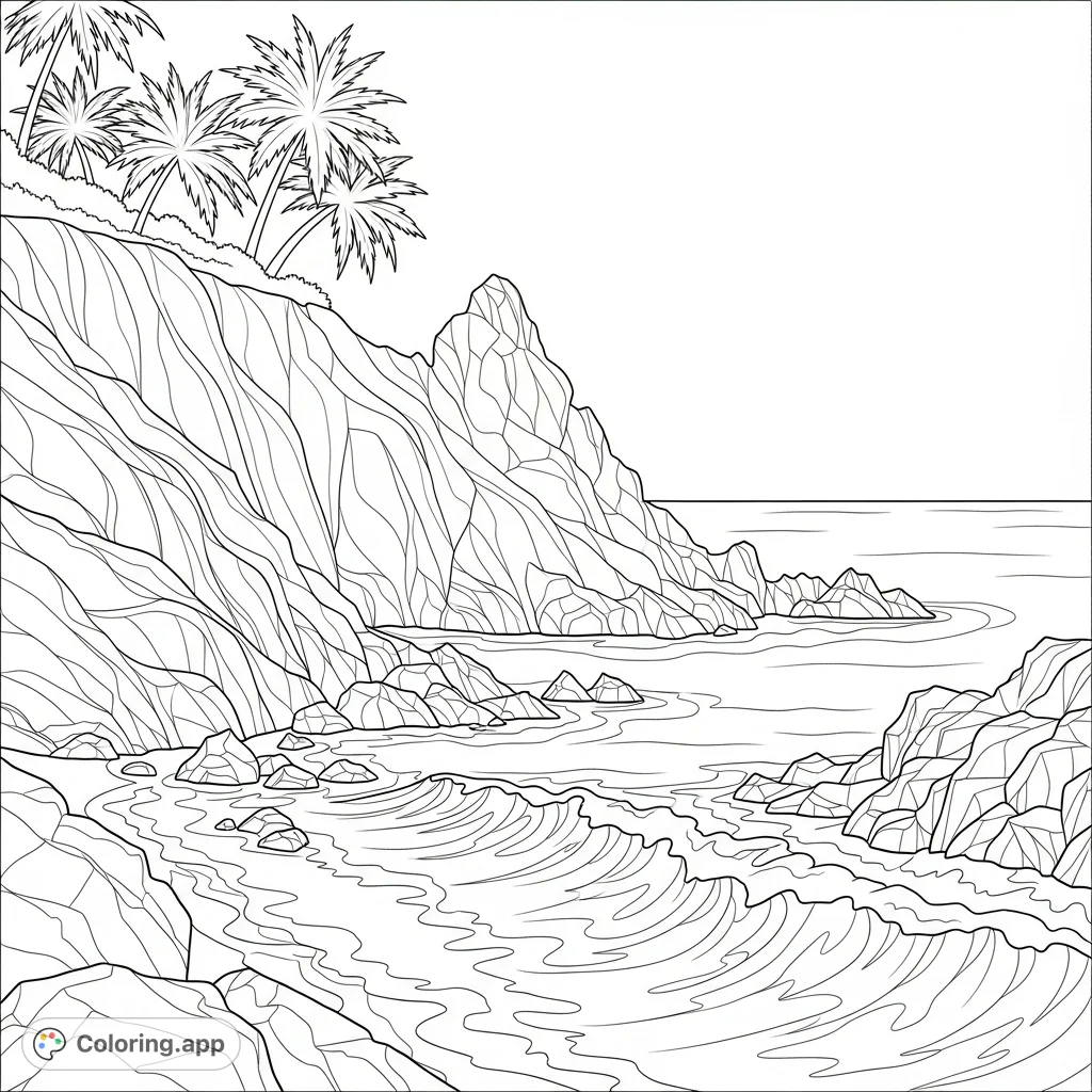 Dive into tranquility with this detailed coloring page featuring a rocky cove. Gentle waves meet craggy shores, beneath elegant palm tree silhouettes.