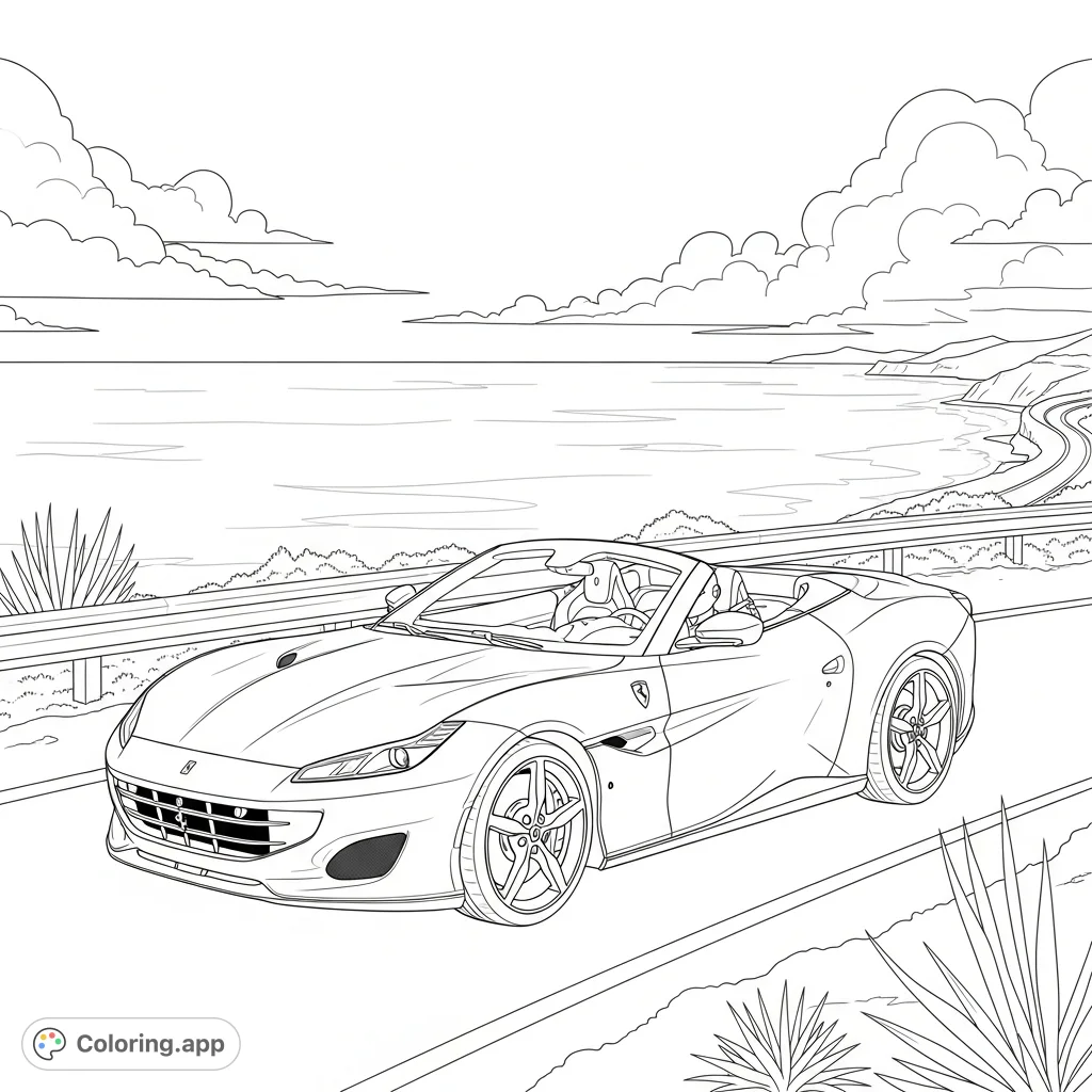 A luxurious Ferrari Portofino style convertible cruises a scenic coastal road. Features sleek lines, an open top, and a detailed driver against an ocean backdrop.