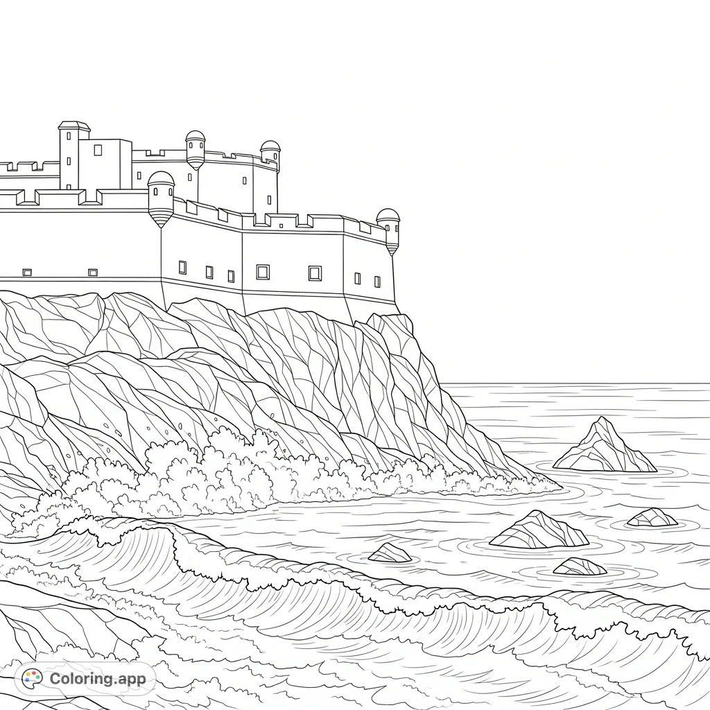 A dramatic coloring page featuring an ancient fortress silhouetted against a vast ocean, with powerful waves crashing against jagged rocks below.