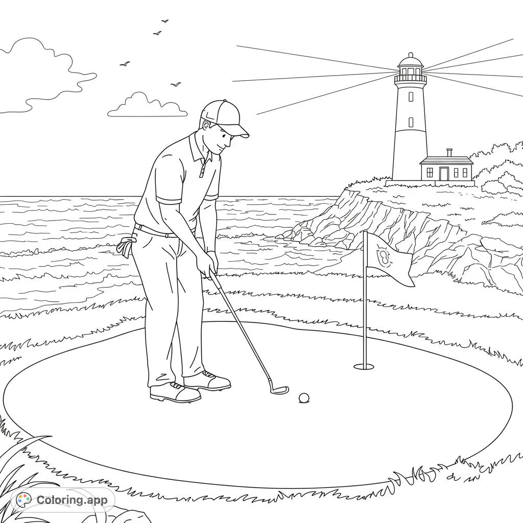 A detailed golf coloring page featuring a golfer putting on a green by the ocean, with a majestic lighthouse and rocky cliffs in the background.