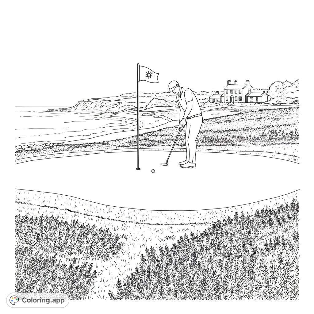 Experience a serene coastal golf course coloring page featuring a golfer putting on a green with ocean views and a charming house. Free printable golf coloring page.