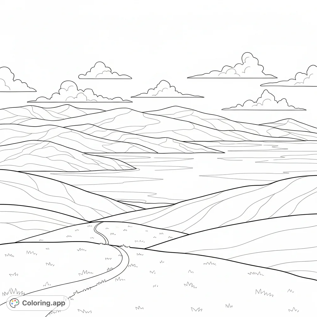 Explore a serene coastal landscape. Color layered rolling hills, a calm bay reflecting the sky, and soft clouds suggesting a gentle fog.