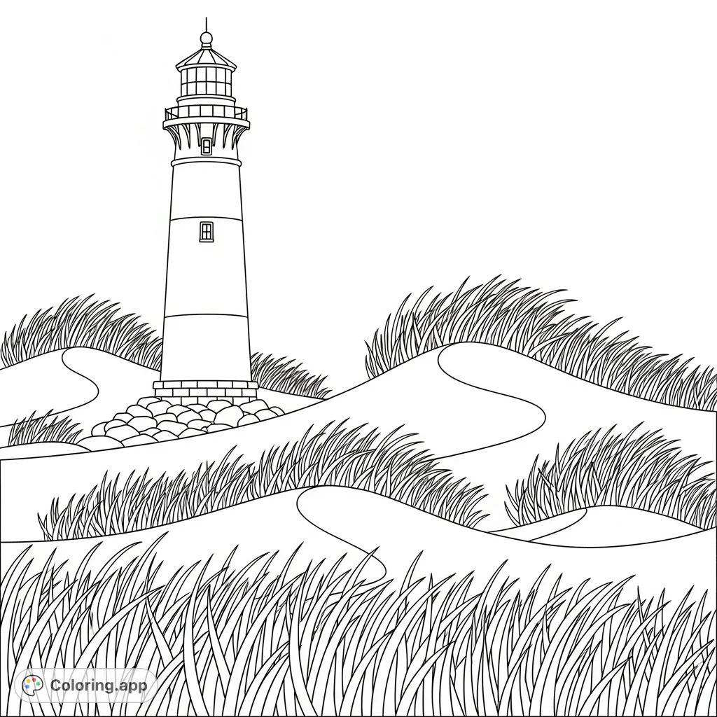 A detailed coloring page featuring a robust lighthouse standing behind gently undulating sand dunes, adorned with long, wind-swept grasses.