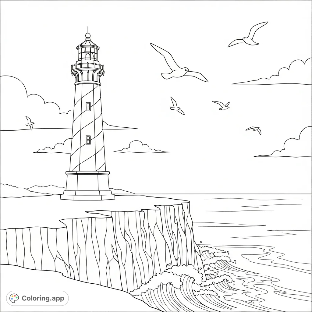 A majestic lighthouse with a spiral stair tower stands proudly beside towering sea cliffs, with simple bird shapes soaring in the sky above a rugged coastline. Calm and inspiring.