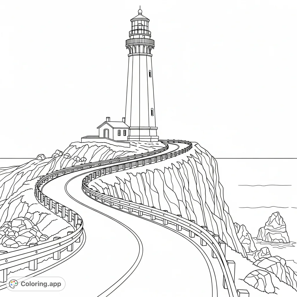 A detailed coloring page featuring a towering lighthouse on a rugged cliff overlooking a winding coastal road with guard rails and a dramatic ocean drop-off.
