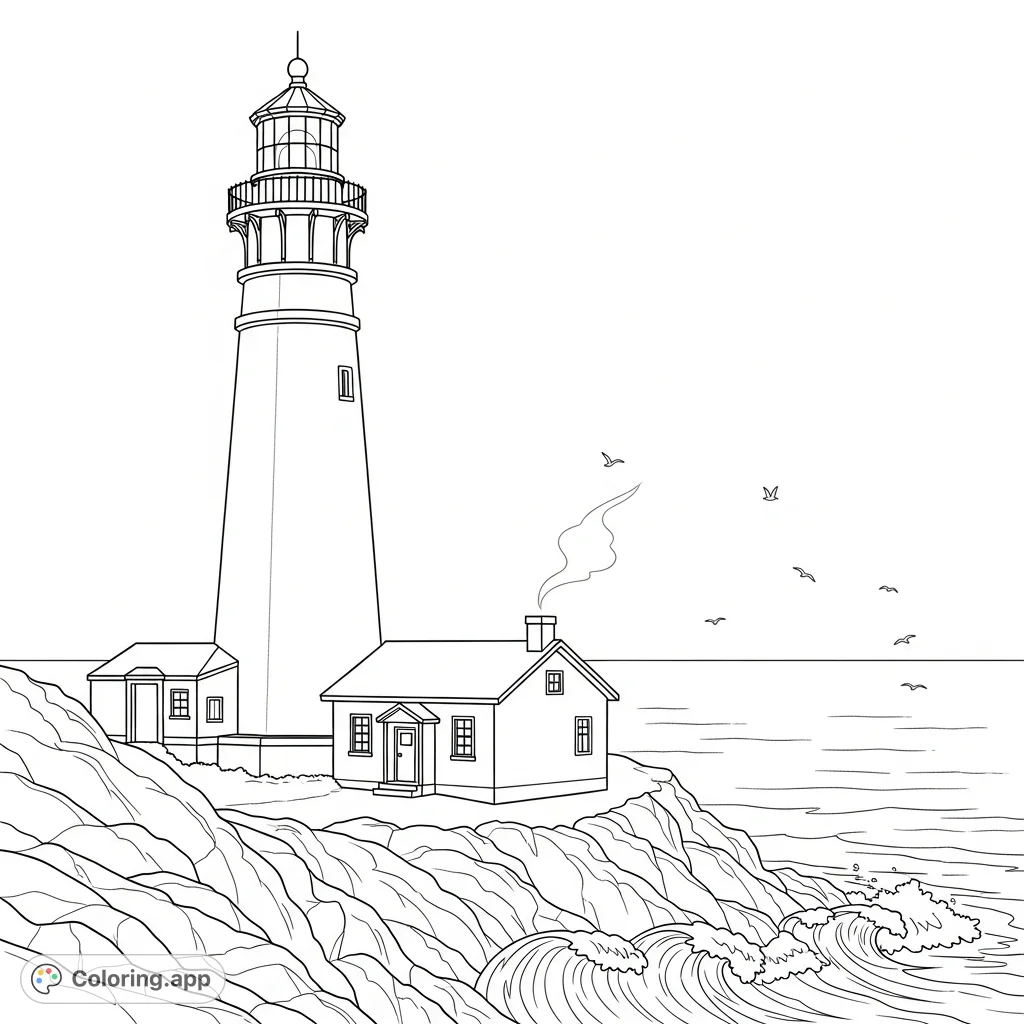 A detailed coloring page featuring a grand lighthouse on a rocky coast with an adjacent caretaker's cottage and gentle chimney smoke. Serene coastal scene.