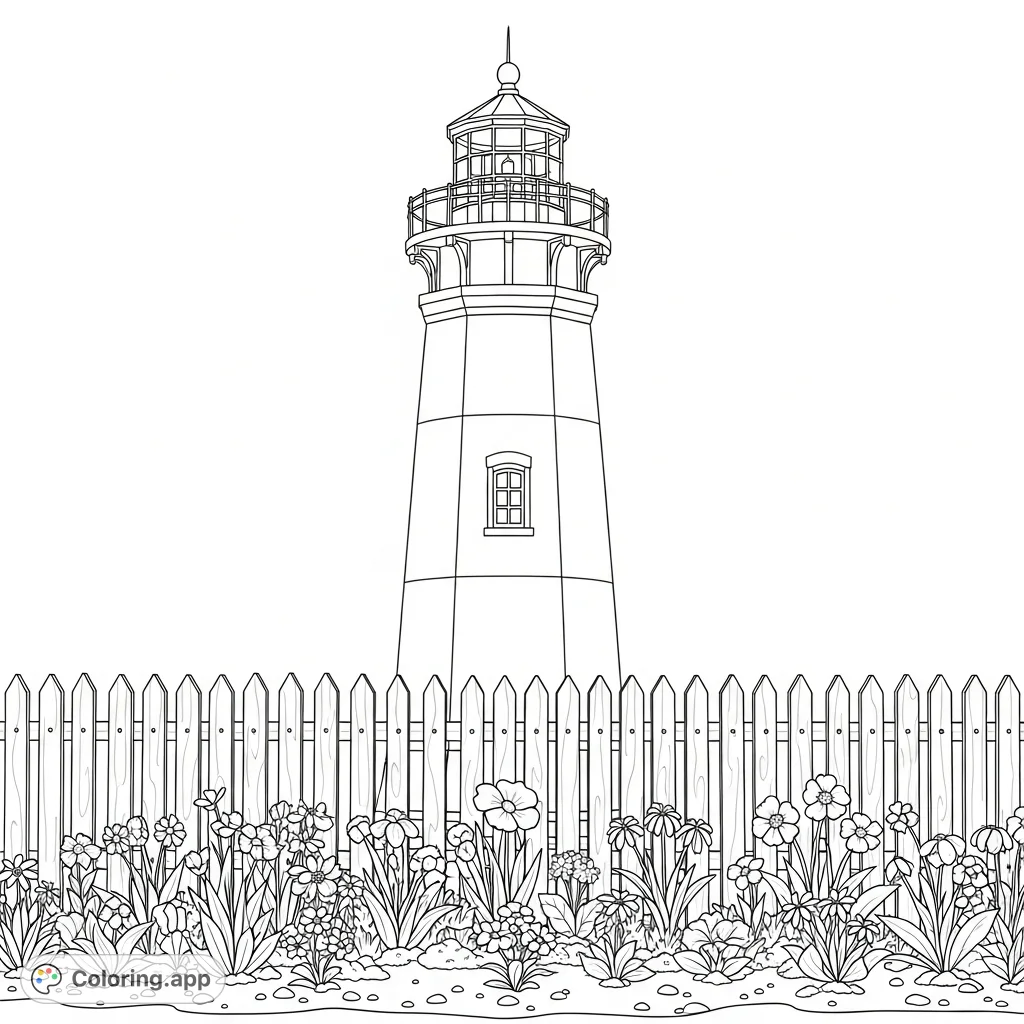 Explore a serene coastal scene featuring a majestic lighthouse, a charming picket fence, and a vibrant flower garden in the foreground. Perfect for tranquil coloring.