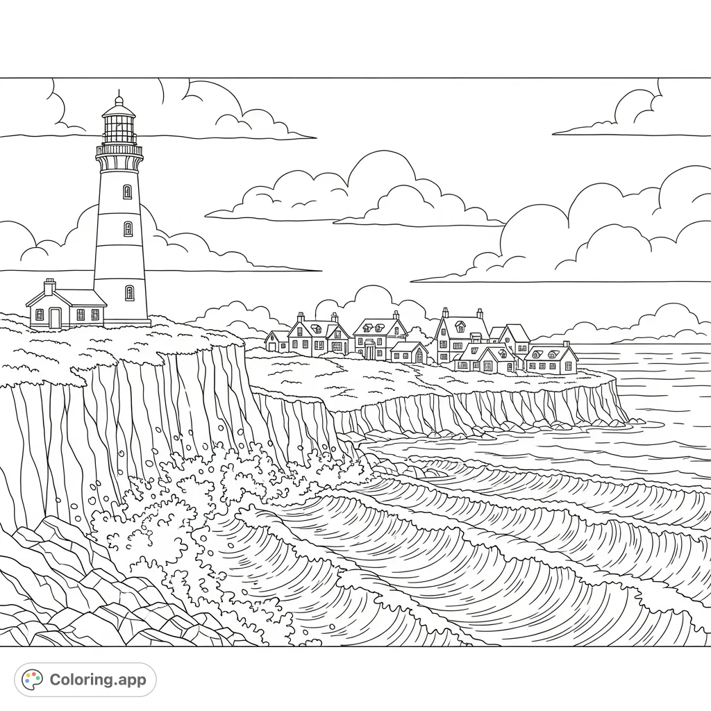 Explore a detailed panoramic scene featuring a majestic lighthouse atop rugged cliffs, powerful waves, and a charming seaside village under a vast sky.