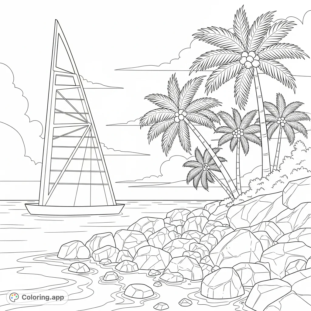 A majestic triangular tower stands sentinel over a dynamic seaside landscape. Rugged rocks and swaying palm trees complete this serene coastal scene.