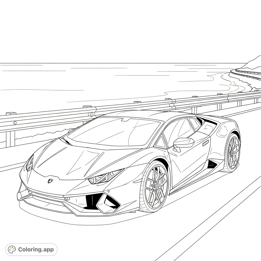 Color a powerful, Huracán-inspired supercar parked on a scenic coastal highway, featuring a dramatic wedge profile and simplified surface reflections.