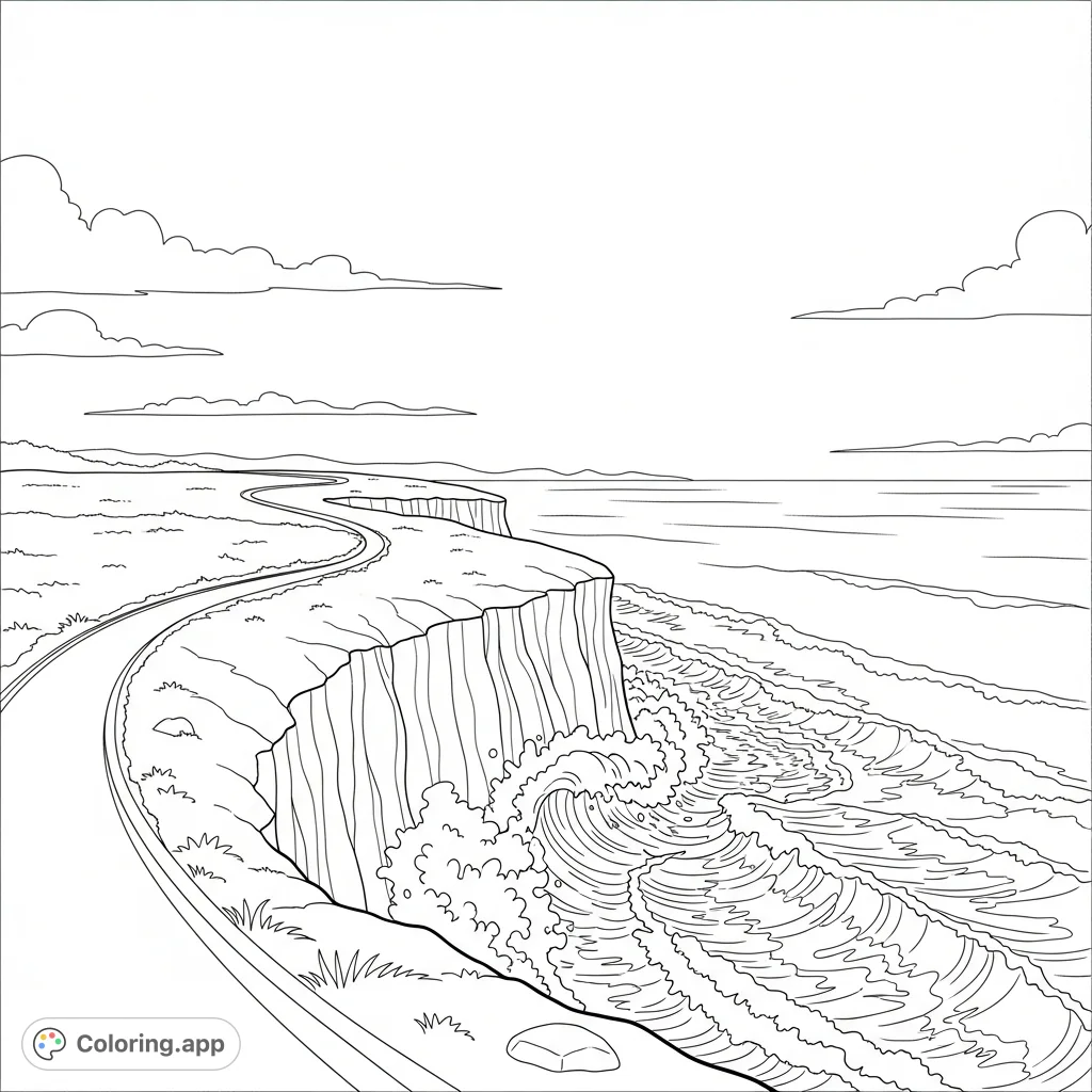 Navigate a picturesque coastal track overlooking dramatic cliffs and crashing ocean waves. A serene landscape perfect for mindful coloring and relaxation.