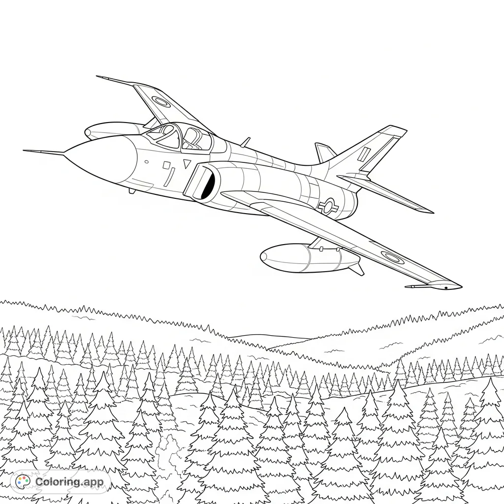 A classic Cold War-inspired fighter jet soars above a dense forest, showcasing its powerful design and the expansive natural landscape below.
