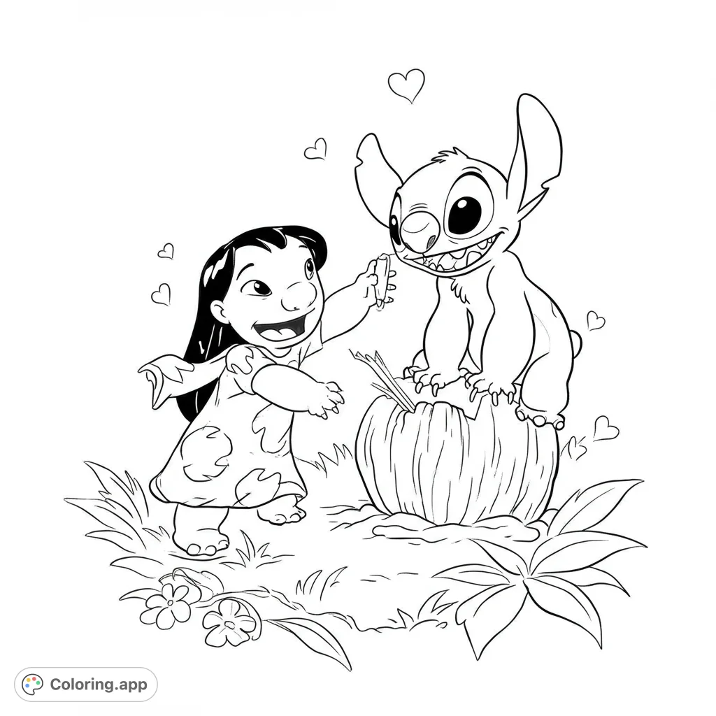 Adorable Lilo and Stitch coloring page! Features the beloved Disney duo in a playful scene with bold, clean lines and open spaces for easy coloring.