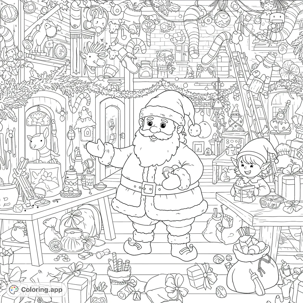 Santa and his elves are ready for Christmas! A detailed black and white line drawing perfect for holiday coloring fun.