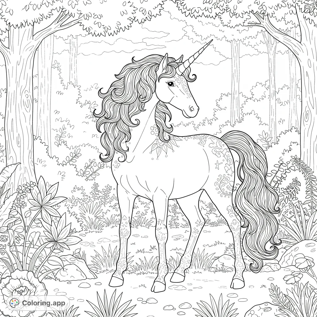 Majestic wild unicorn coloring page. Features a detailed unicorn in a natural setting with flowing mane and tail.