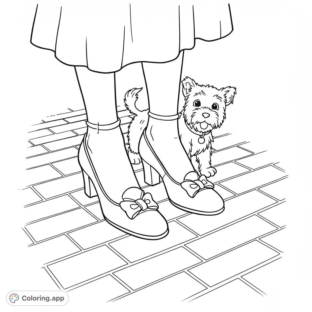 Detailed coloring page of Dorothy's ruby slippers on the Yellow Brick Road with Toto peeking. Features clean lines, open spaces, and intricate details for creative coloring fun.