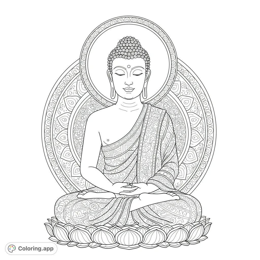 Serene Buddha coloring page. Features a detailed, yet accessible, illustration of the Buddha in a meditative pose.