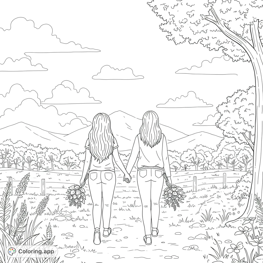 Two women hold hands as they walk into a beautiful landscape. This black and white line art is perfect for coloring.
