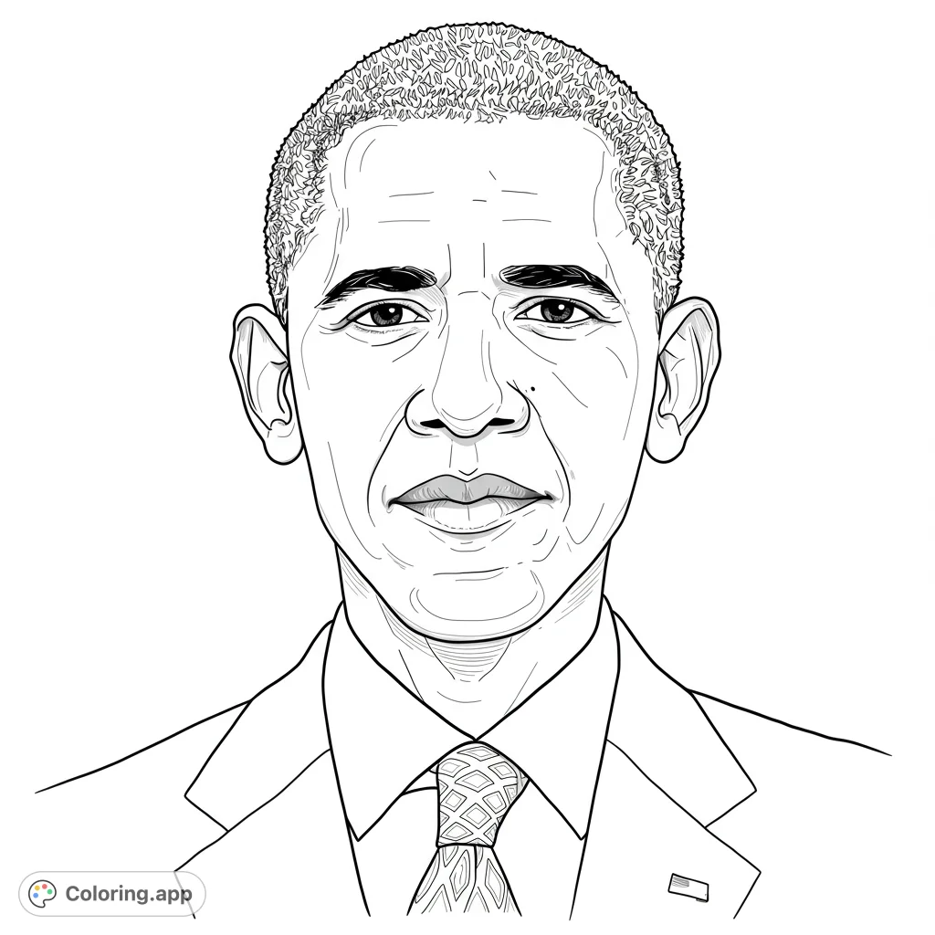 Barack Obama coloring page. A detailed black and white line drawing with clean lines and open spaces for easy coloring.